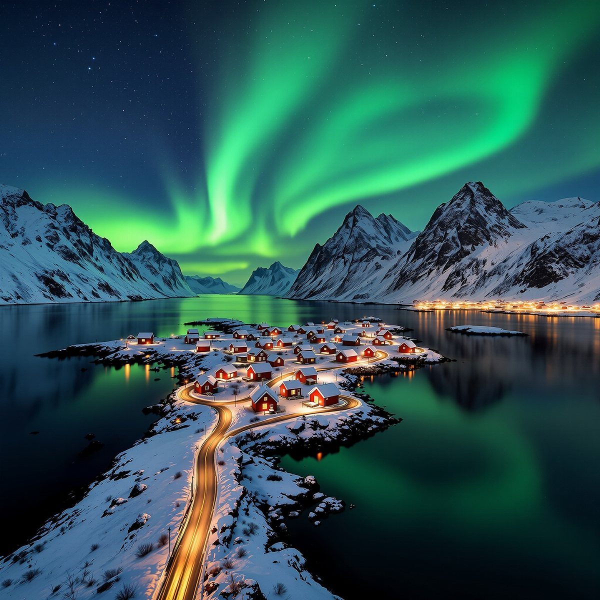 Snowy village with red houses under a green aurora borealis reflecting in water.
