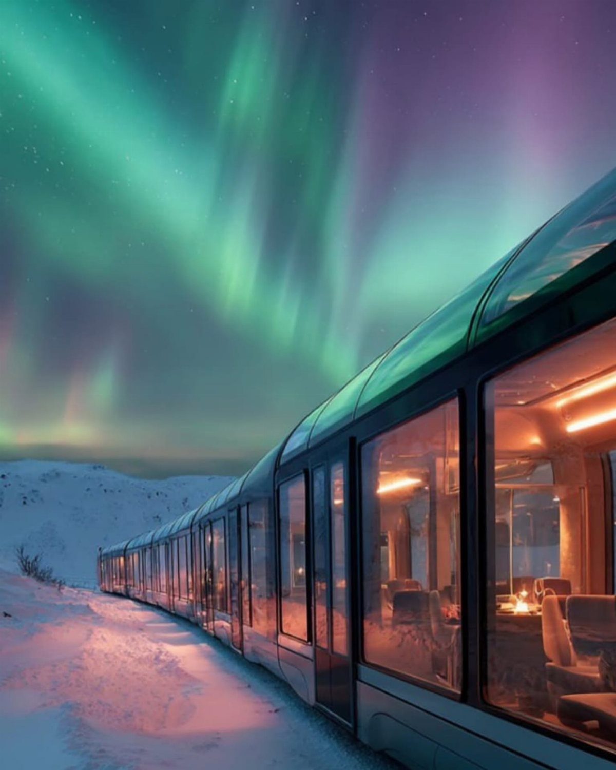 Glass-roofed train in a snowy landscape under a green and purple aurora borealis.