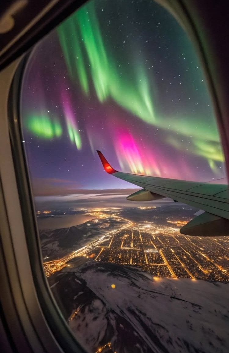 Aurora borealis in green and purple over a city seen from airplane window