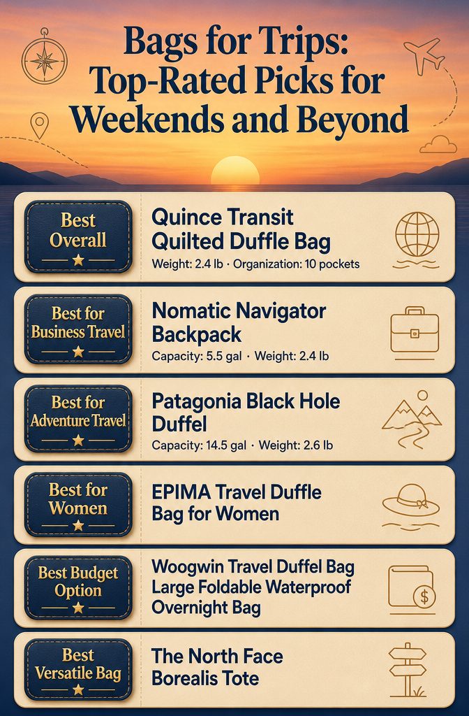 An infographic comparing different travel bags with specifications and weights