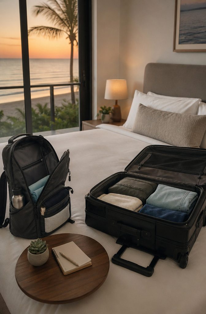 A serene hotel room with a neatly made bed and a bag on the floor