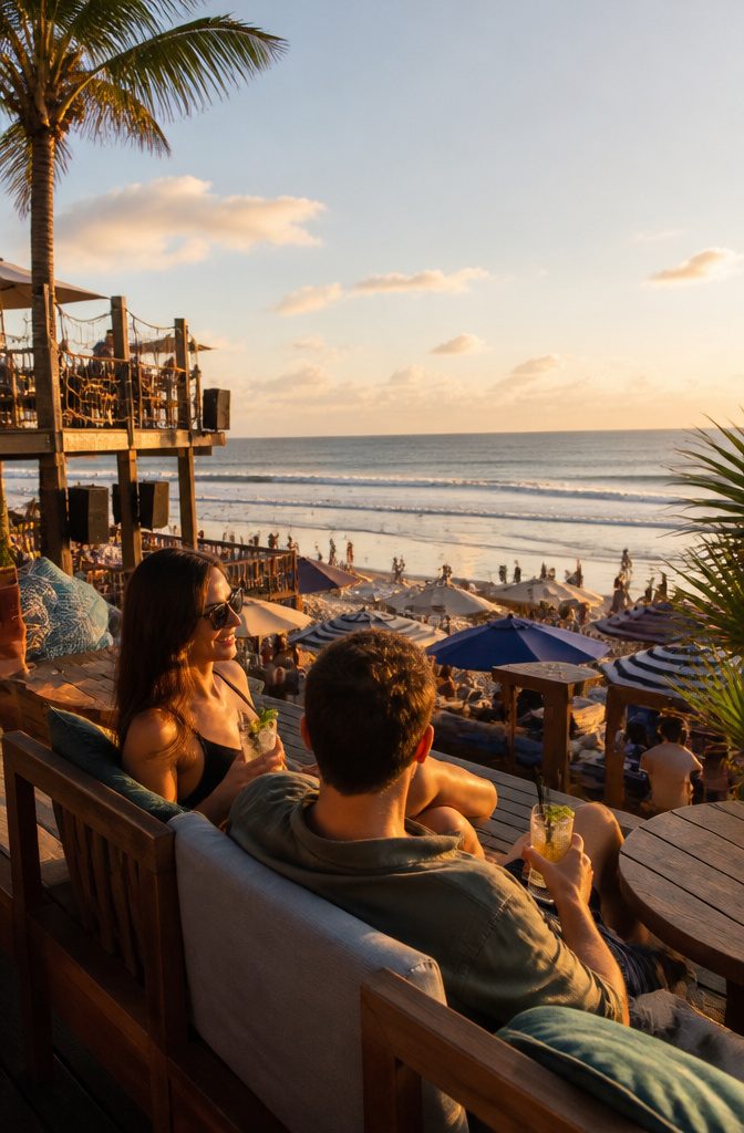 Couple lounging at a beach club with surfers in the distance.