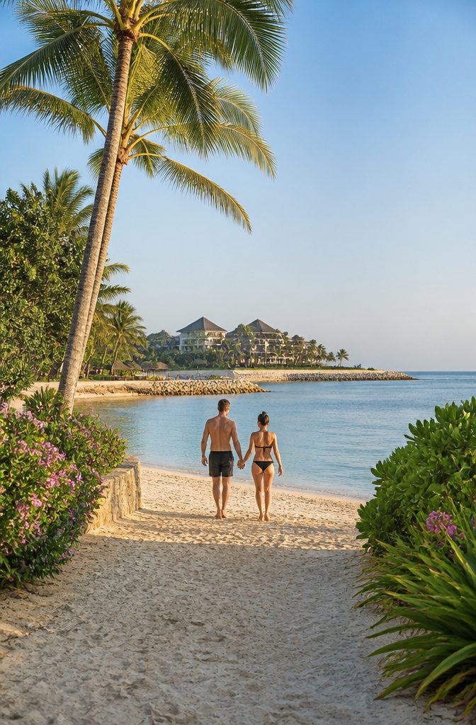 Couple walking on a sandy beach with palm trees in Nusa Dua.