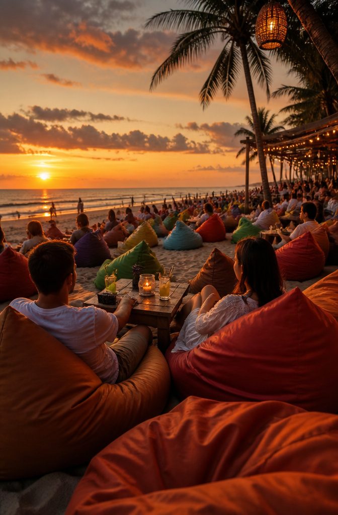 Couples seated on beanbags at a beach club during sunset.