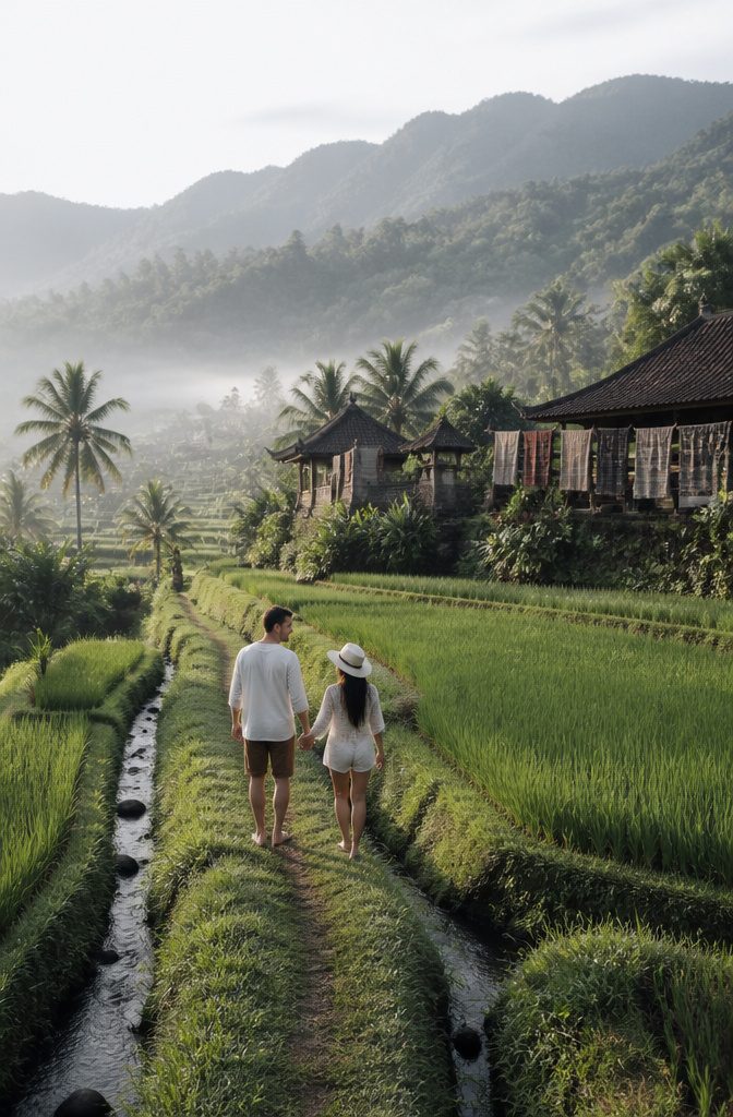 Lush rice terraces in Sidemen valley with a narrow road.