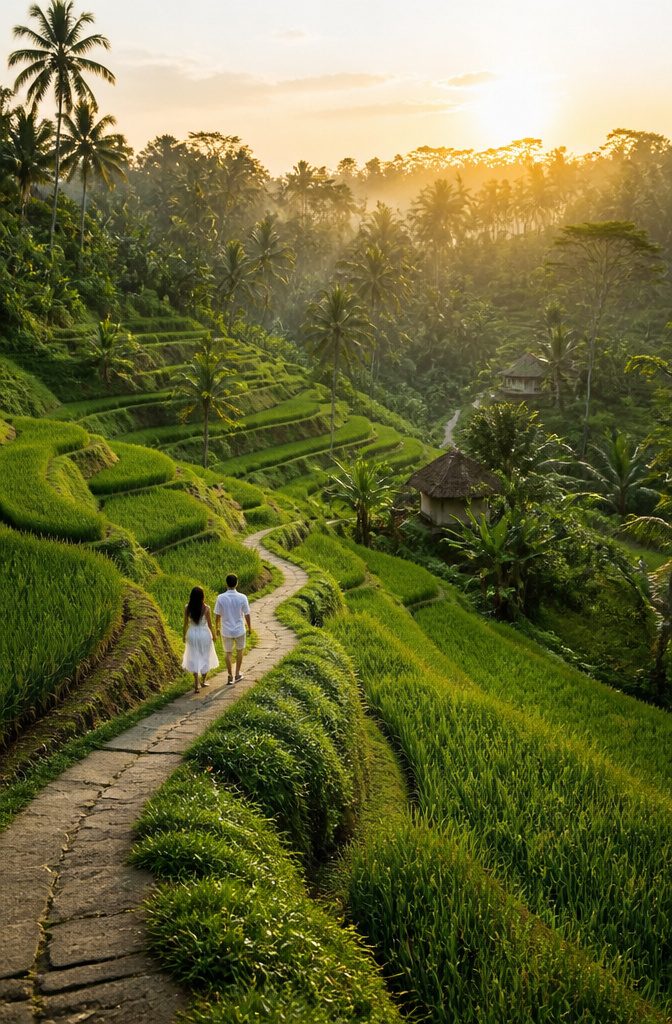 Rice terraces in Ubud surrounded by lush jungle.