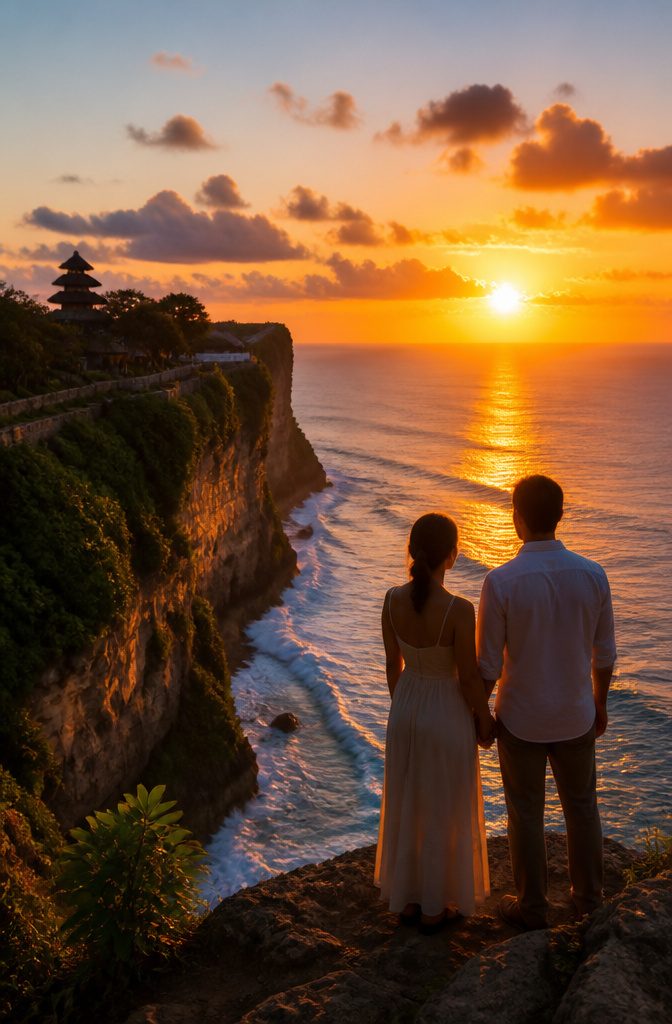 Cliffs at Uluwatu with surfers and a temple in the background.