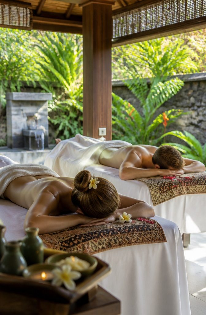 Couple enjoying a spa treatment in a lush garden.