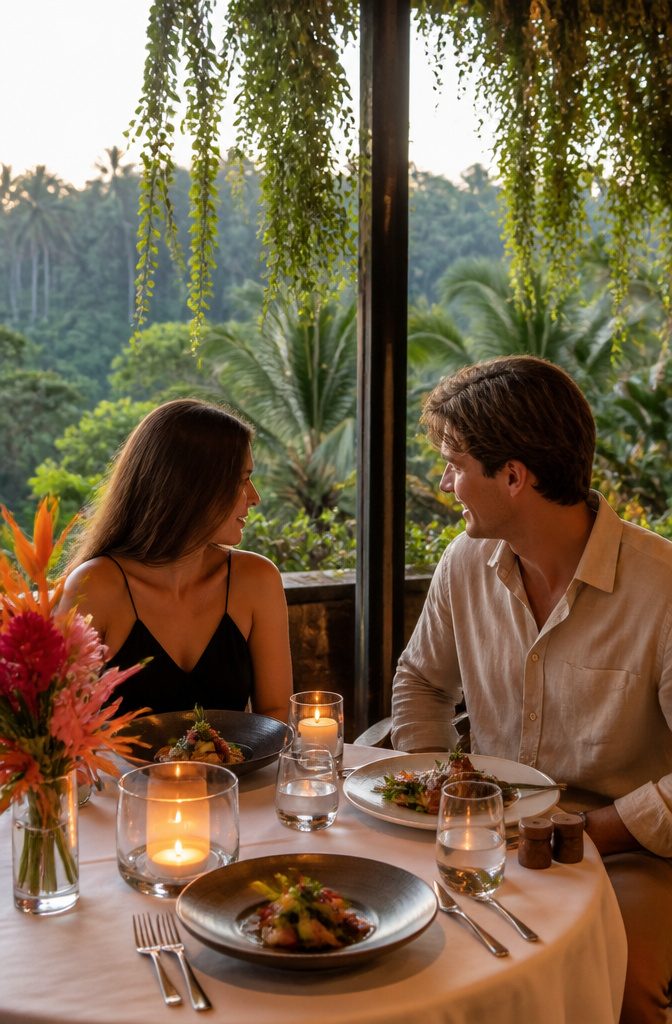 A beautifully set table surrounded by greenery for dining.