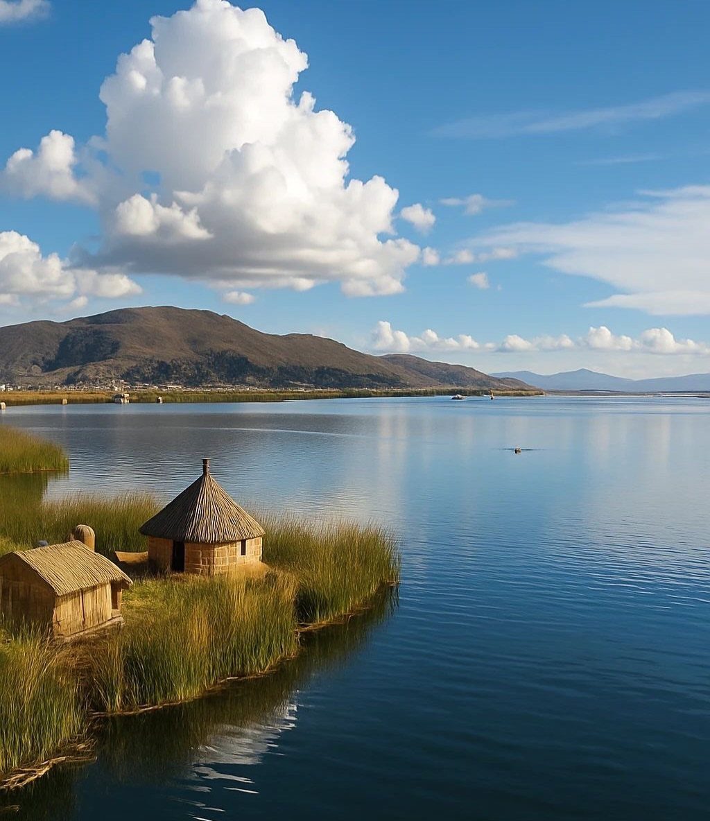 Thatched reed huts on a small island in Lake Titicaca with distant mountains.
