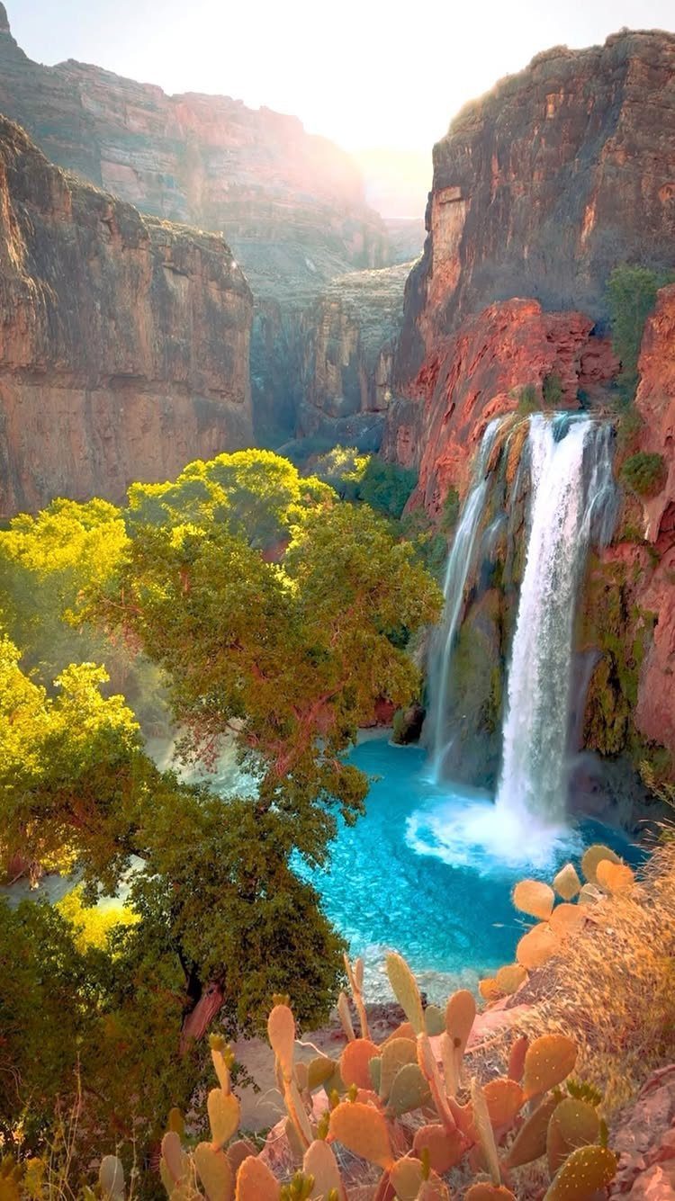 Waterfall cascading into a turquoise pool surrounded by red rock cliffs and greenery.