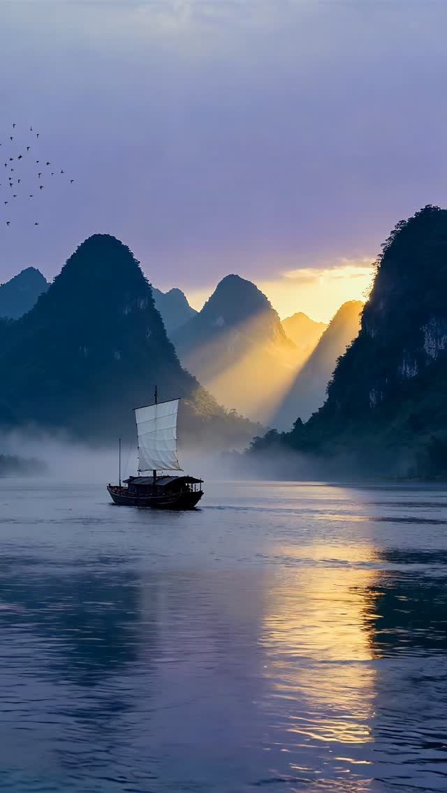 Traditional sailboat on a misty river surrounded by karst mountains at sunset