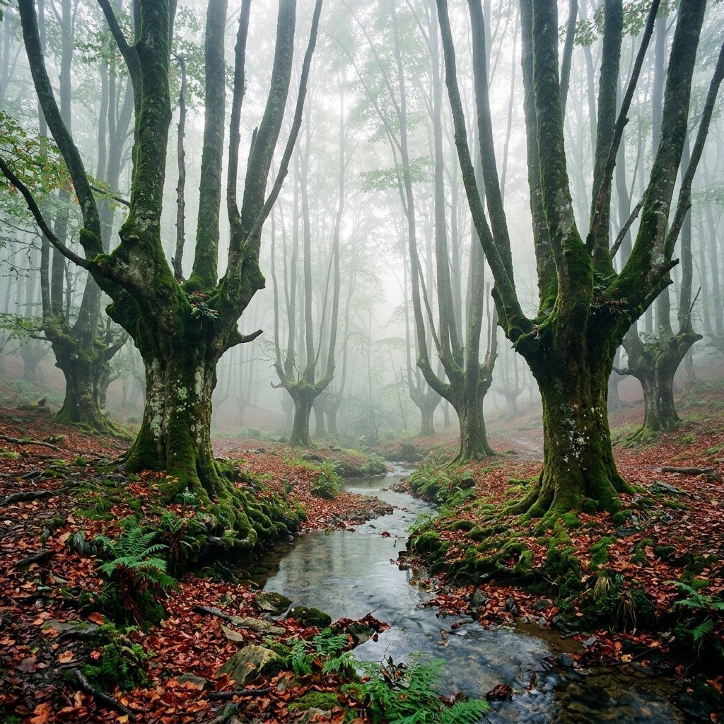 Misty forest with mossy trees and a small stream over autumn leaves.
