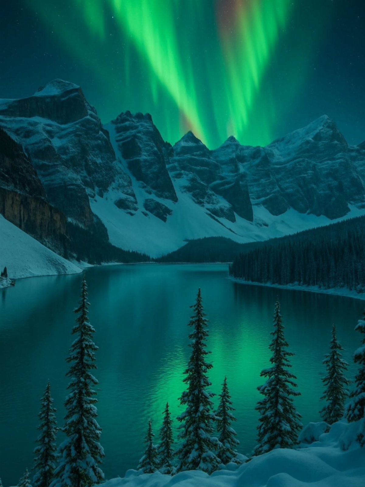 28 Beautiful Places to Travel Around the World 7 Green aurora borealis over snow-capped mountains and a turquoise lake with pine trees.