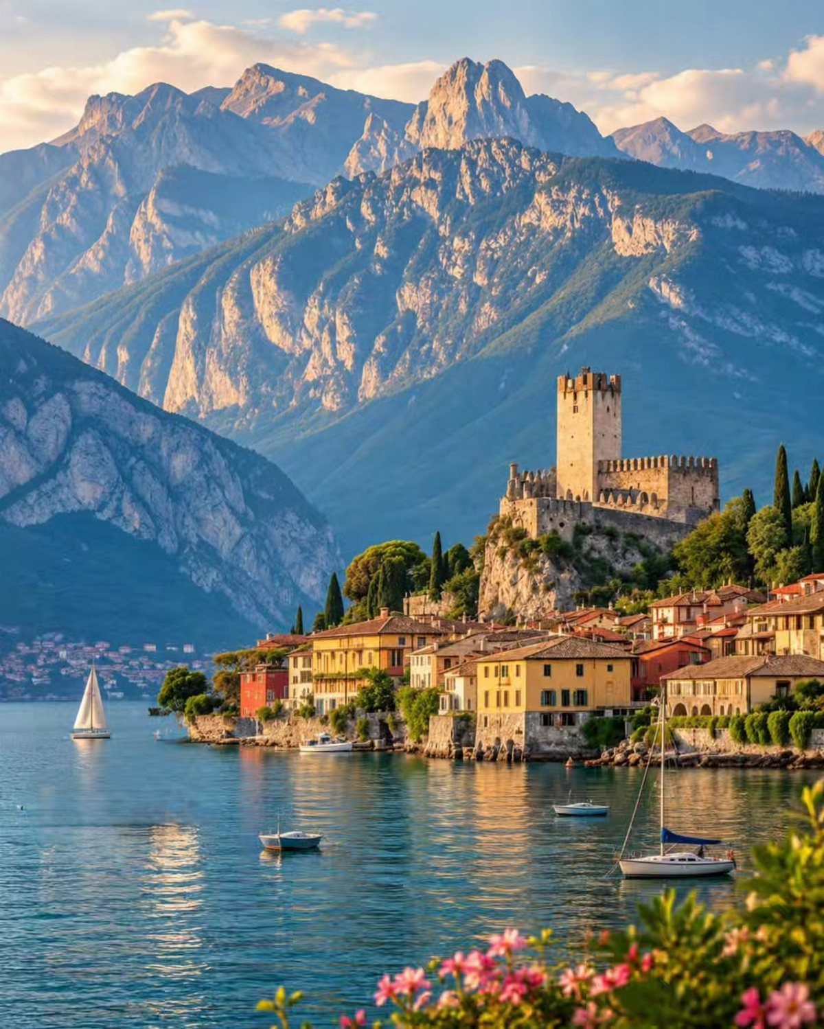28 Beautiful Places to Travel Around the World 26 Lakeside village with a stone castle tower and sailboats before jagged mountains.