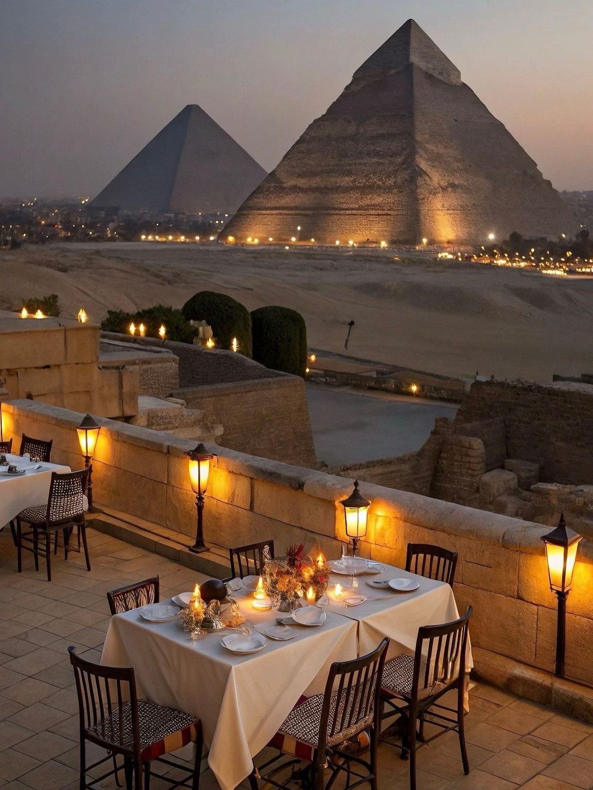 28 Beautiful Places to Travel Around the World 2 Dinner table on a terrace overlooking the illuminated Pyramids of Giza at dusk.