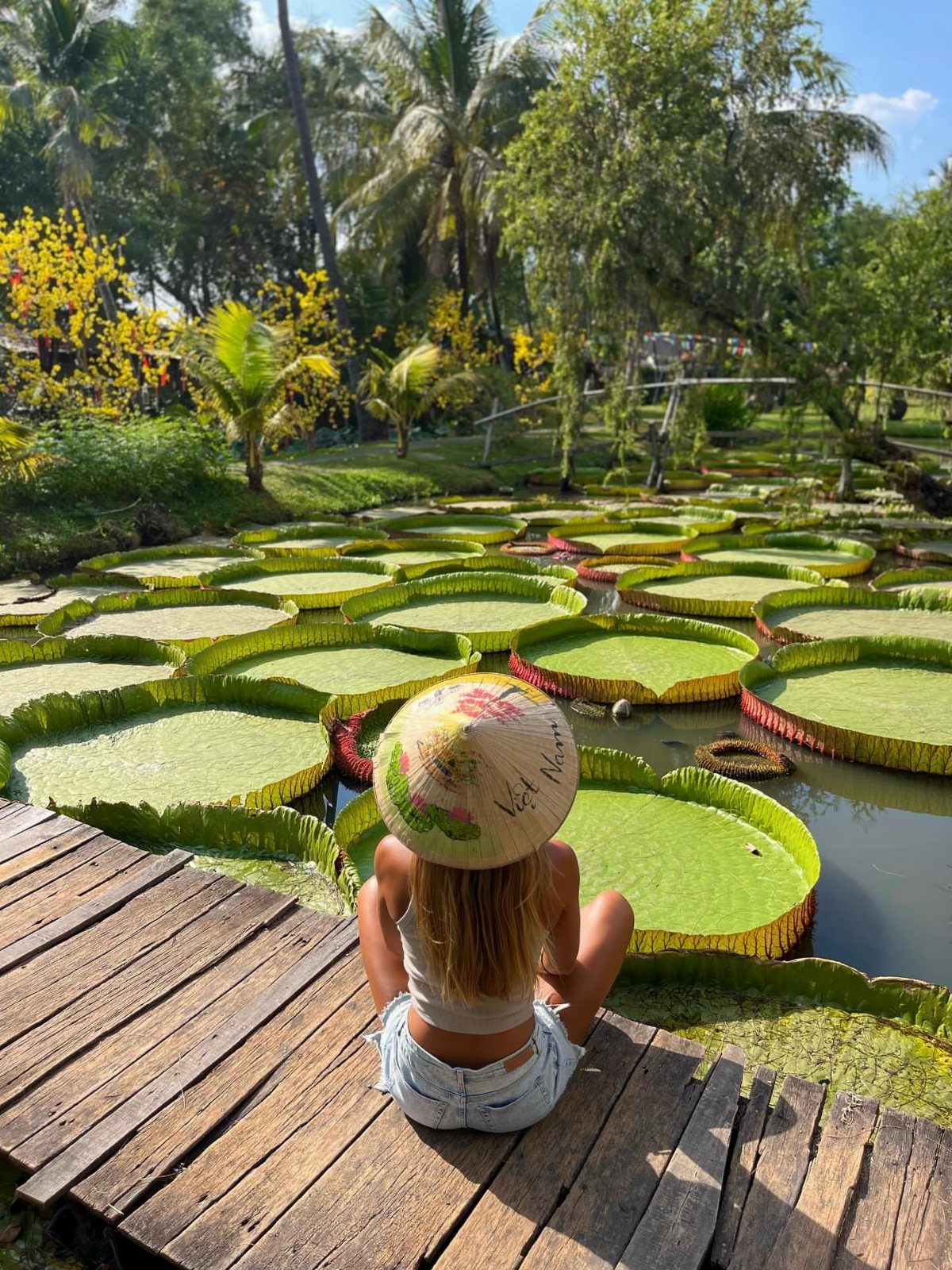 28 Beautiful Places to Travel Around the World 17 Woman in a conical hat sitting on a boardwalk overlooking giant lily pads.