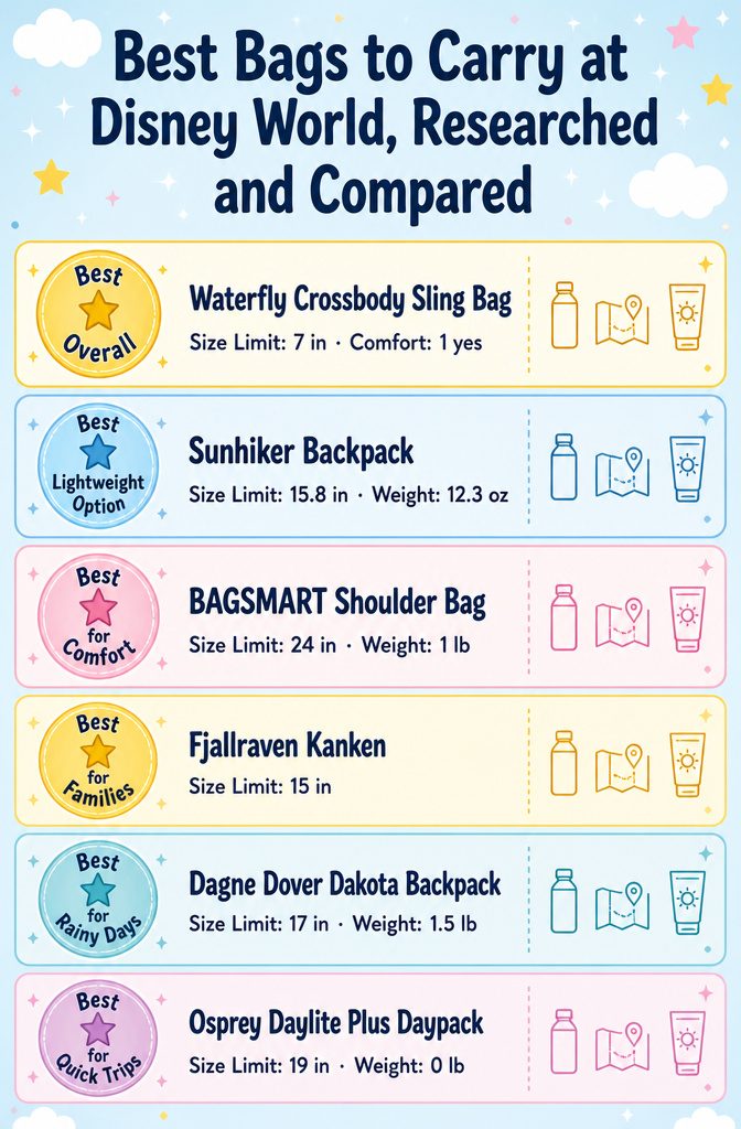 Comparison infographic of different bags for Disney World