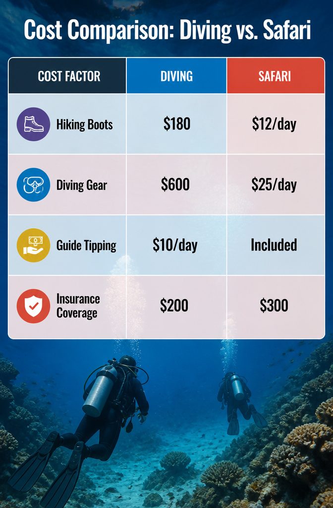 Diving gear and boots arranged for rental cost comparison.