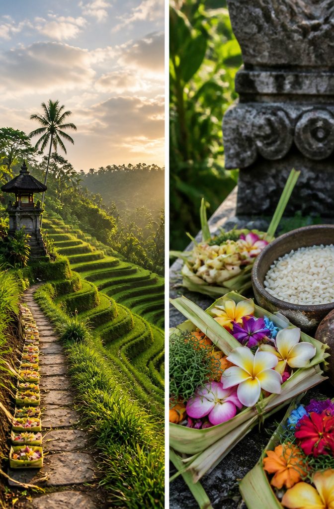 A temple in Bali with offerings placed on the ground.
