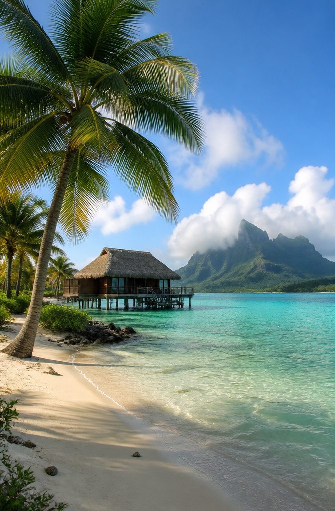 An overwater bungalow with a view of the ocean and palm trees.