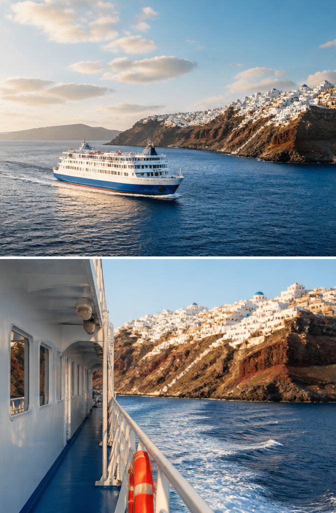A ferry on the water with a view of the Santorini coastline.