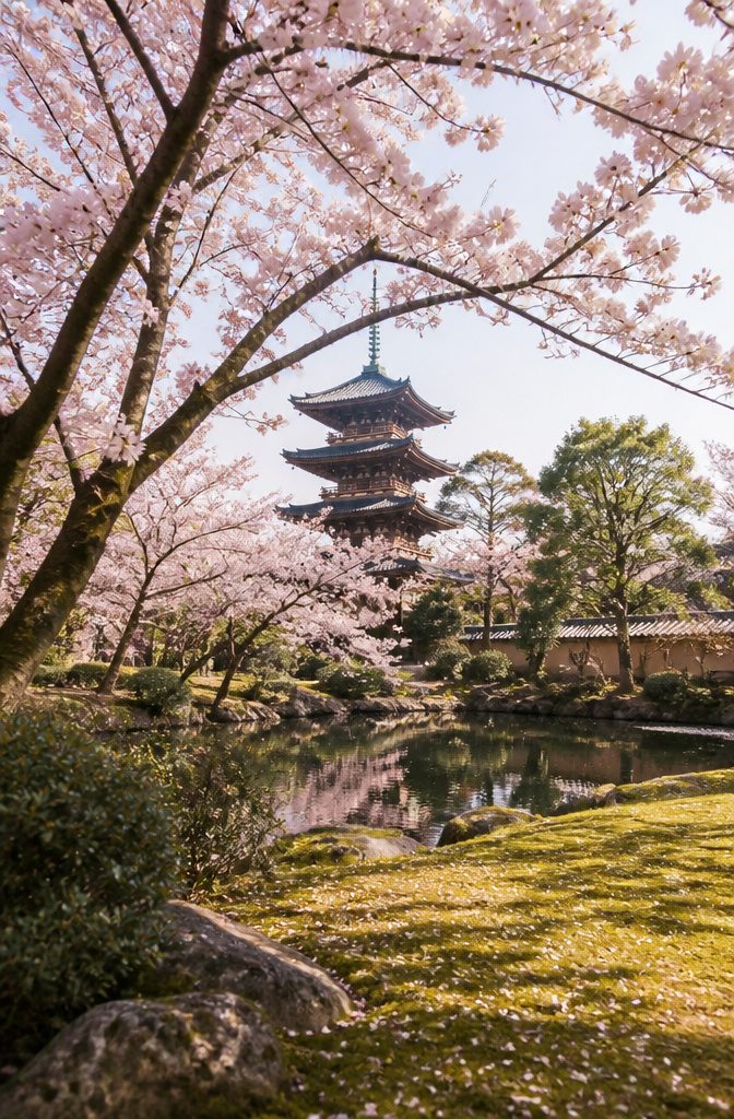 Cherry blossoms in bloom with a traditional Japanese building.