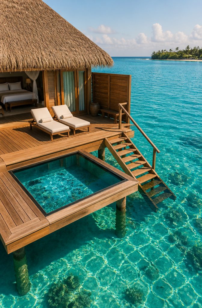 An overwater bungalow with a thatched roof in a turquoise lagoon.