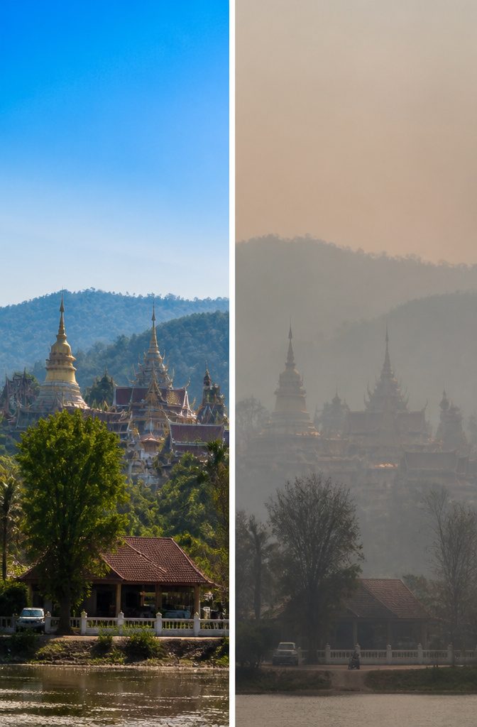 A skyline view of Chiang Mai obscured by smoke.