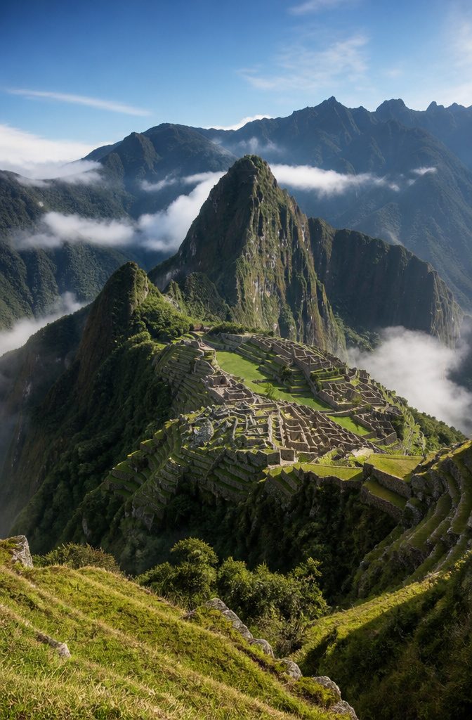 Machu Picchu ruins surrounded by mountains and mist.