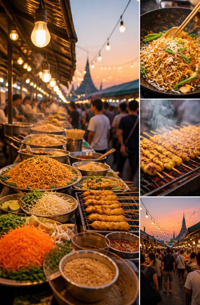 Street food stalls with various dishes in a busy market.