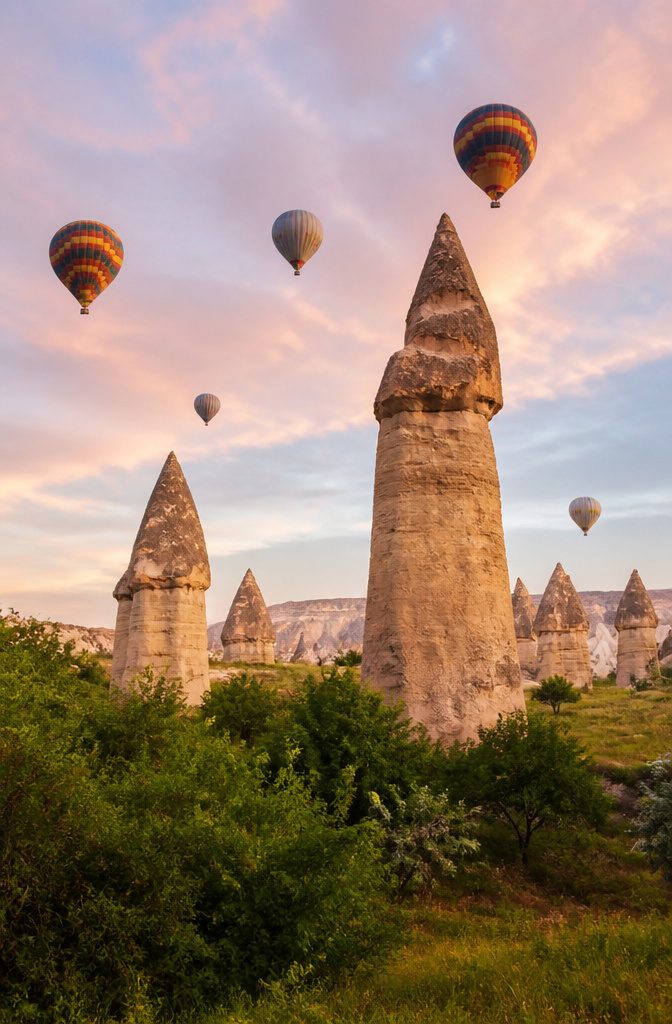 Colorful hot air balloons in the sky over Cappadocia's rock formations.