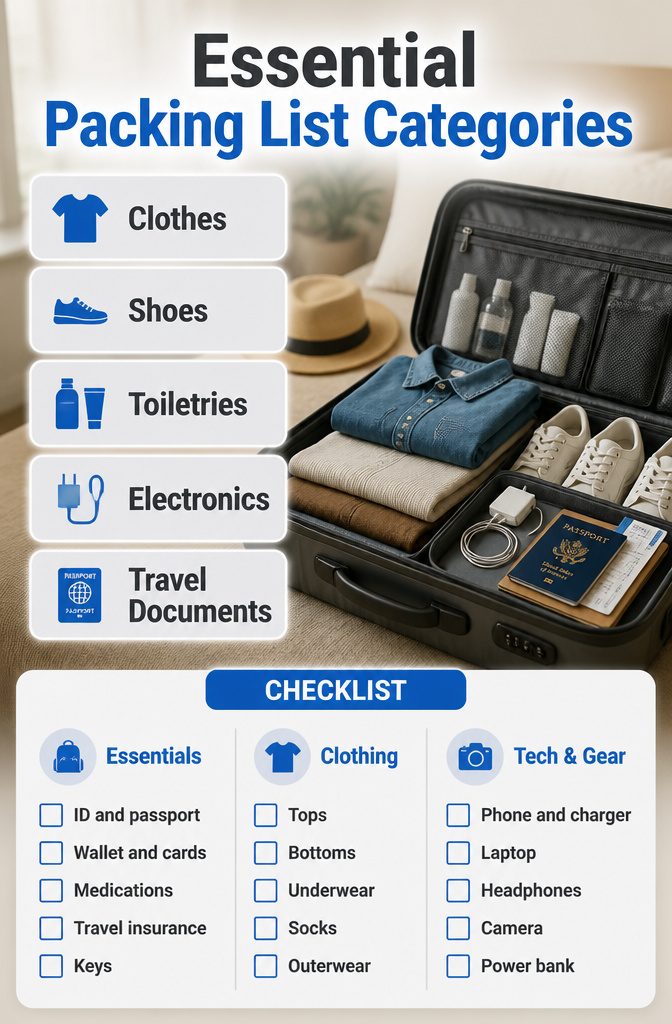 How to Pack a Suitcase: 8 Steps for Maximum Space in 2026 2 An essential packing list with categories for travel items.