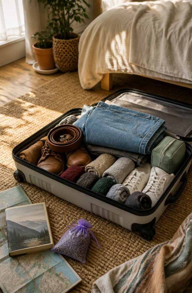 How to Pack a Suitcase: 8 Steps for Maximum Space in 2026 7 A suitcase with shoes and clothing creatively packed to fill gaps.