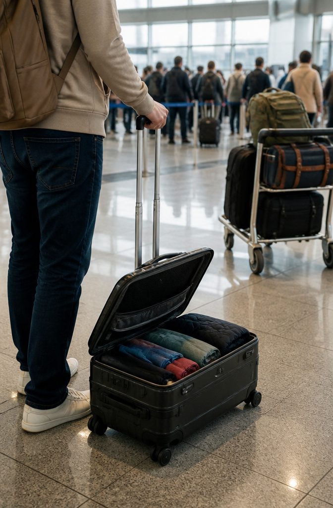 How to Pack a Suitcase: 8 Steps for Maximum Space in 2026 1 A traveler with a suitcase beside them in a bustling airport.