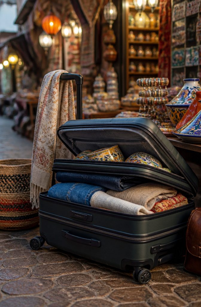 How to Pack a Suitcase: 8 Steps for Maximum Space in 2026 9 An open expandable suitcase with handmade ceramics peeking out.