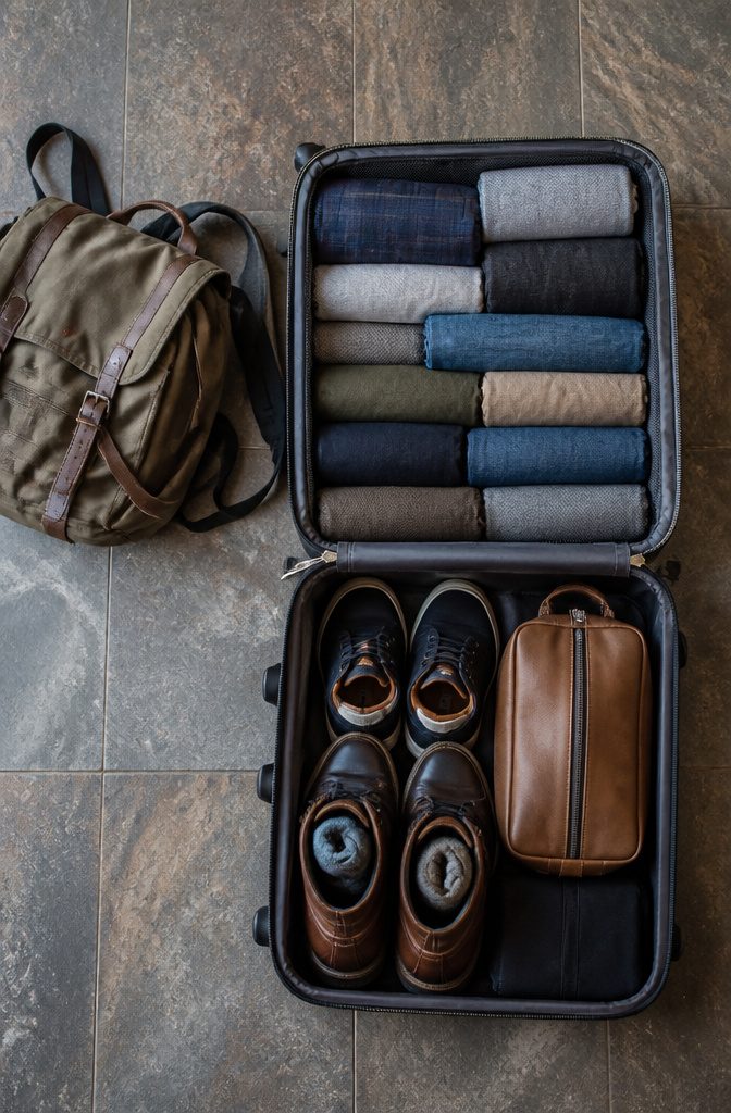 How to Pack a Suitcase: 8 Steps for Maximum Space in 2026 5 A suitcase with shoes packed at the bottom near the wheels.