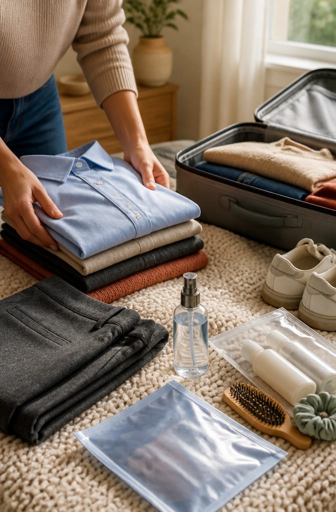 How to Pack a Suitcase: 8 Steps for Maximum Space in 2026 4 Colorful clothing and toiletries arranged on a knitted bedspread.