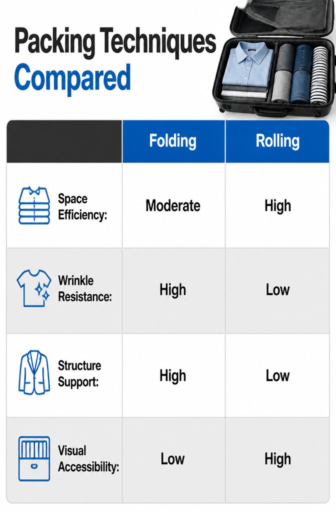 How to Pack a Suitcase: 8 Steps for Maximum Space in 2026 6 Different packing techniques displayed for organizing clothing.
