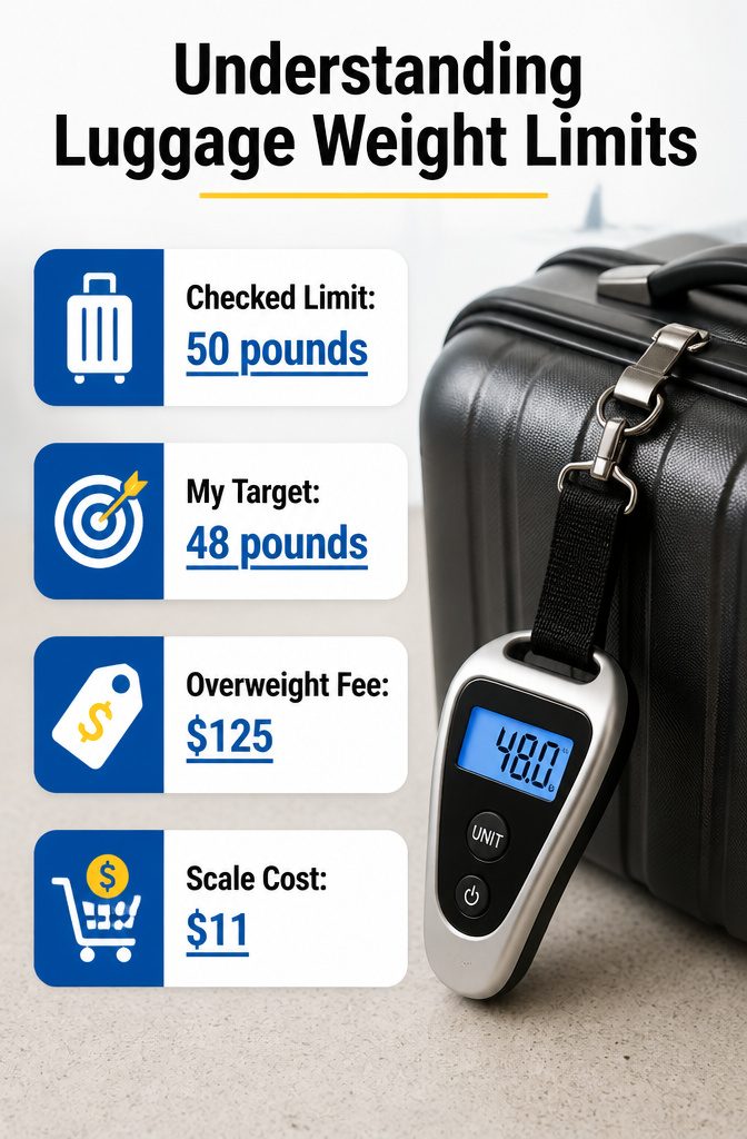 How to Pack a Suitcase: 8 Steps for Maximum Space in 2026 12 A luggage scale placed next to a suitcase for weight management.