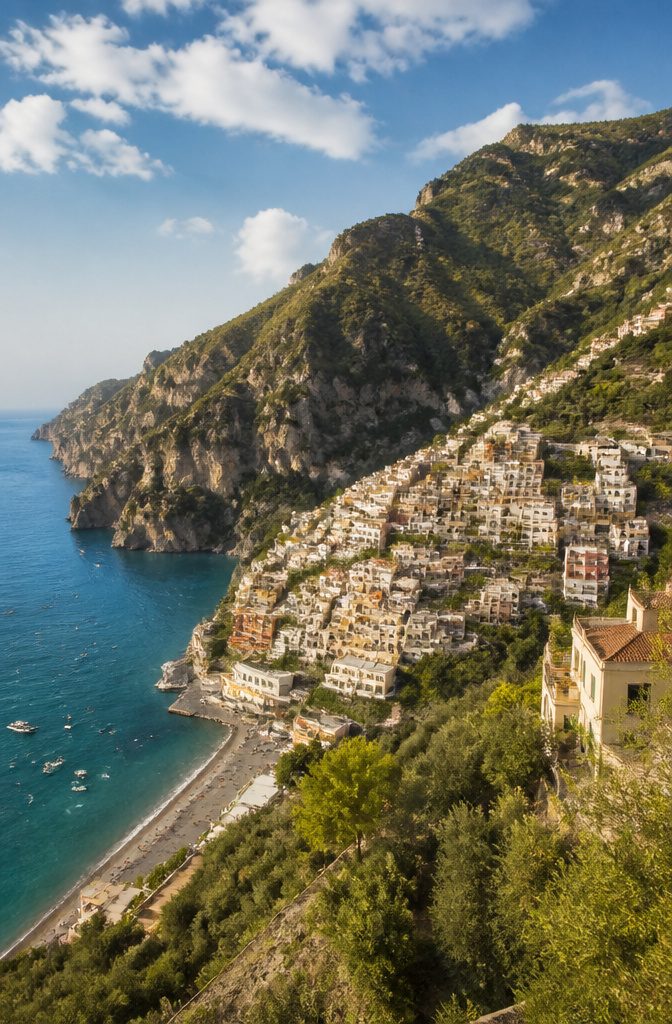 Cliffs along the Amalfi Coast dropping into the sea.