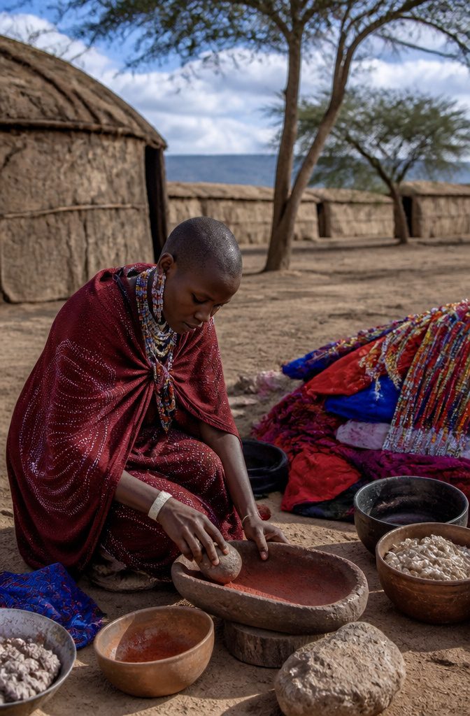 A Maasai woman demonstrating traditional paint mixing with ochre.