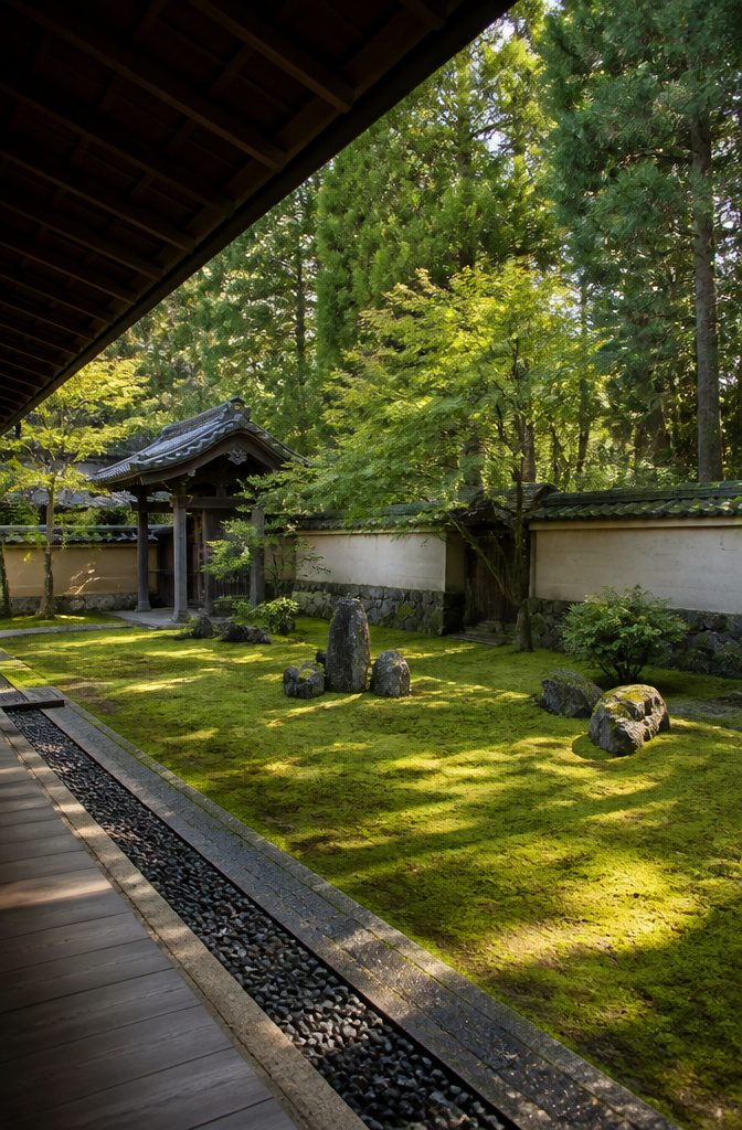 A tranquil temple garden in Kyoto, Japan.