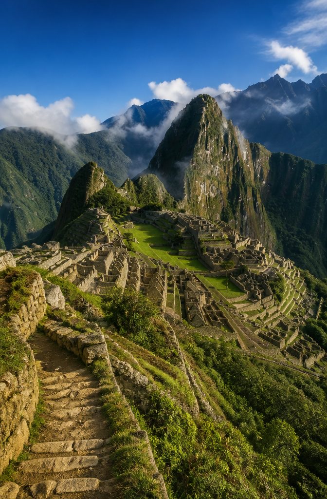 A scenic view of the Inca Trail leading to Machu Picchu.