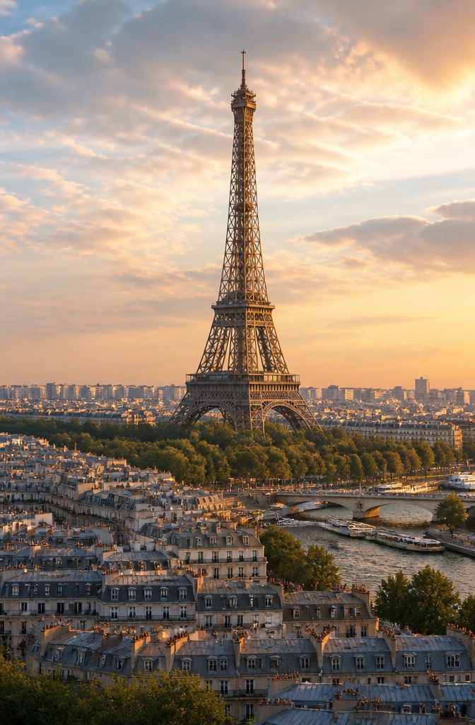 The Eiffel Tower towering over the Paris skyline.