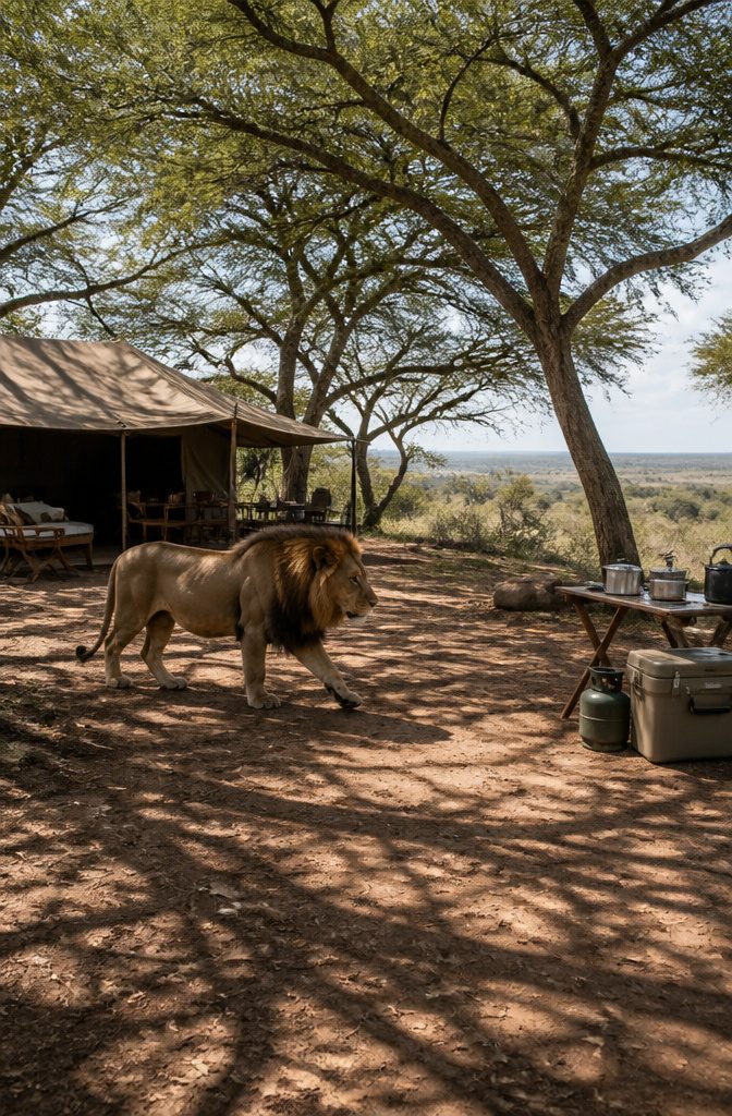 A lion walking near a camp in the Serengeti during breakfast.
