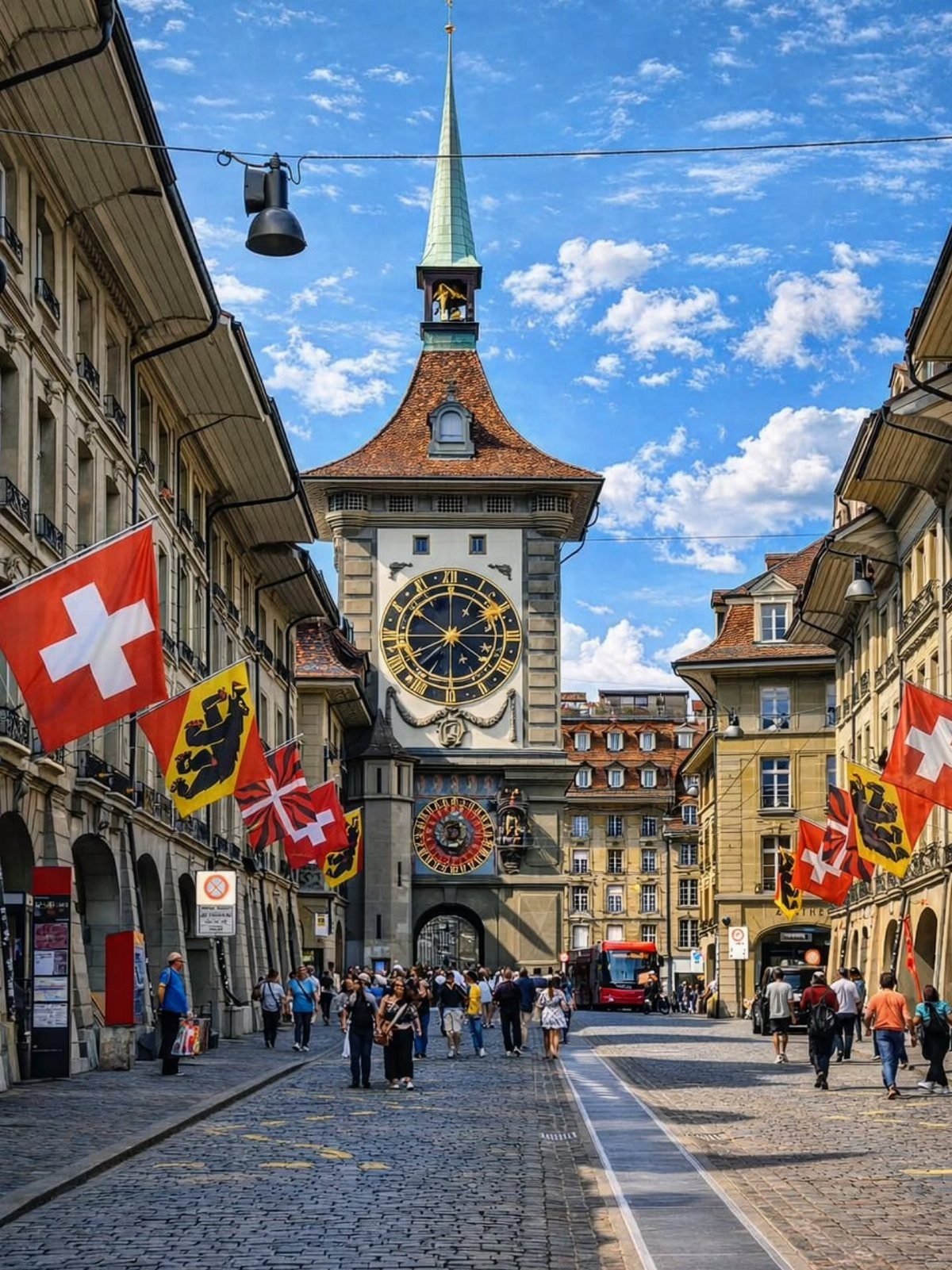 Bucket List Switzerland: 13 Scenic Places and Experiences 8 Zytglogge clock tower and medieval buildings on a cobblestone street in Bern, Switzerland.