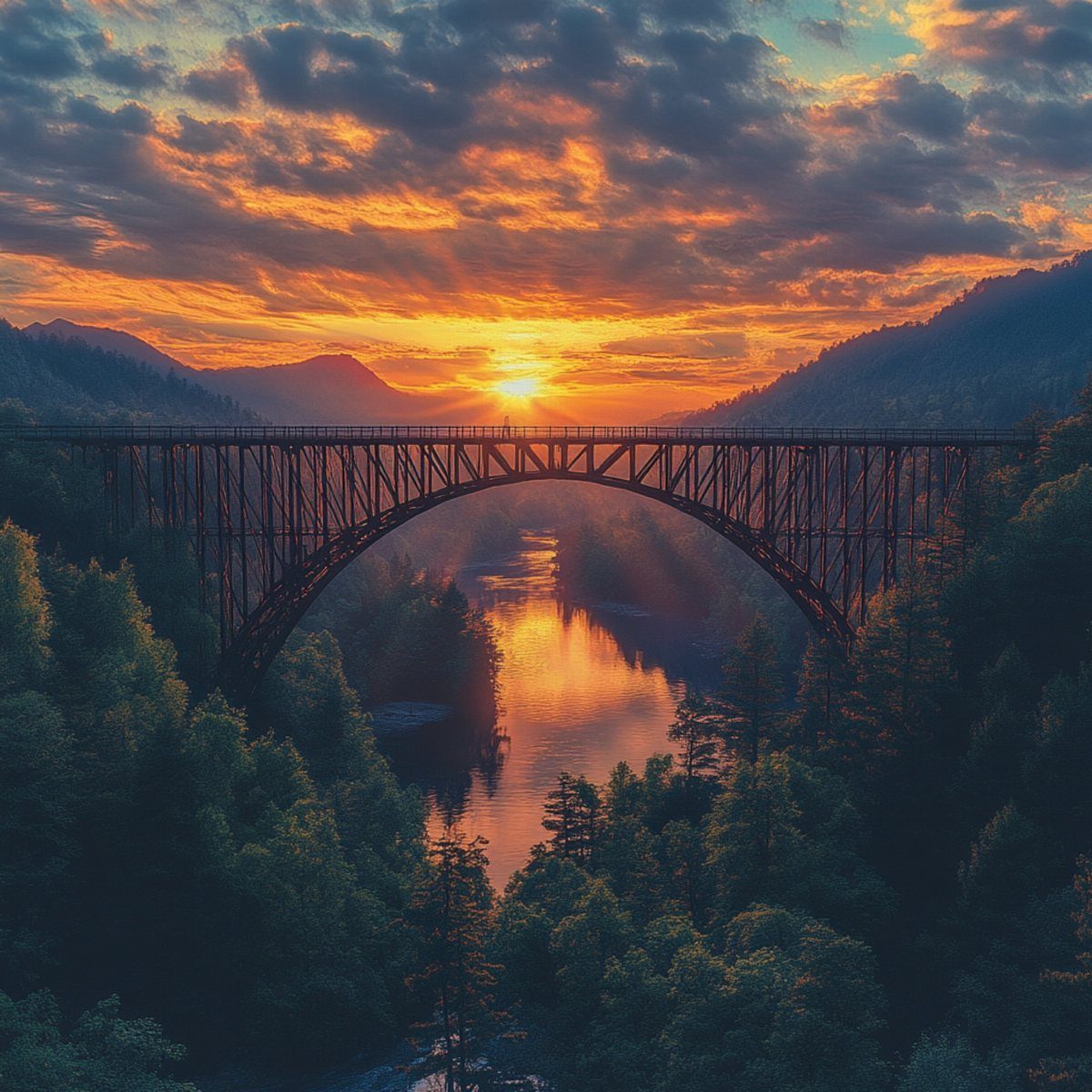 Bucket List Travel Destinations in the USA: 33 Ideas 30 Steel arch bridge over a river in a forest during a golden sunset