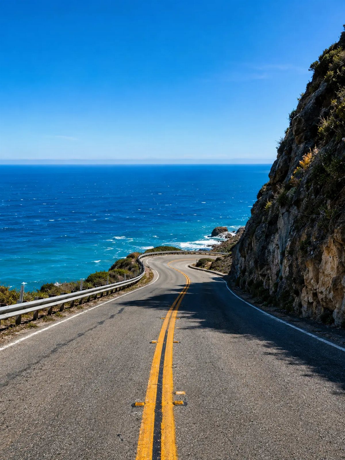 Bucket List Travel Destinations in the USA: 33 Ideas 2 Winding coastal road with yellow lines curving along a cliff beside the blue ocean.