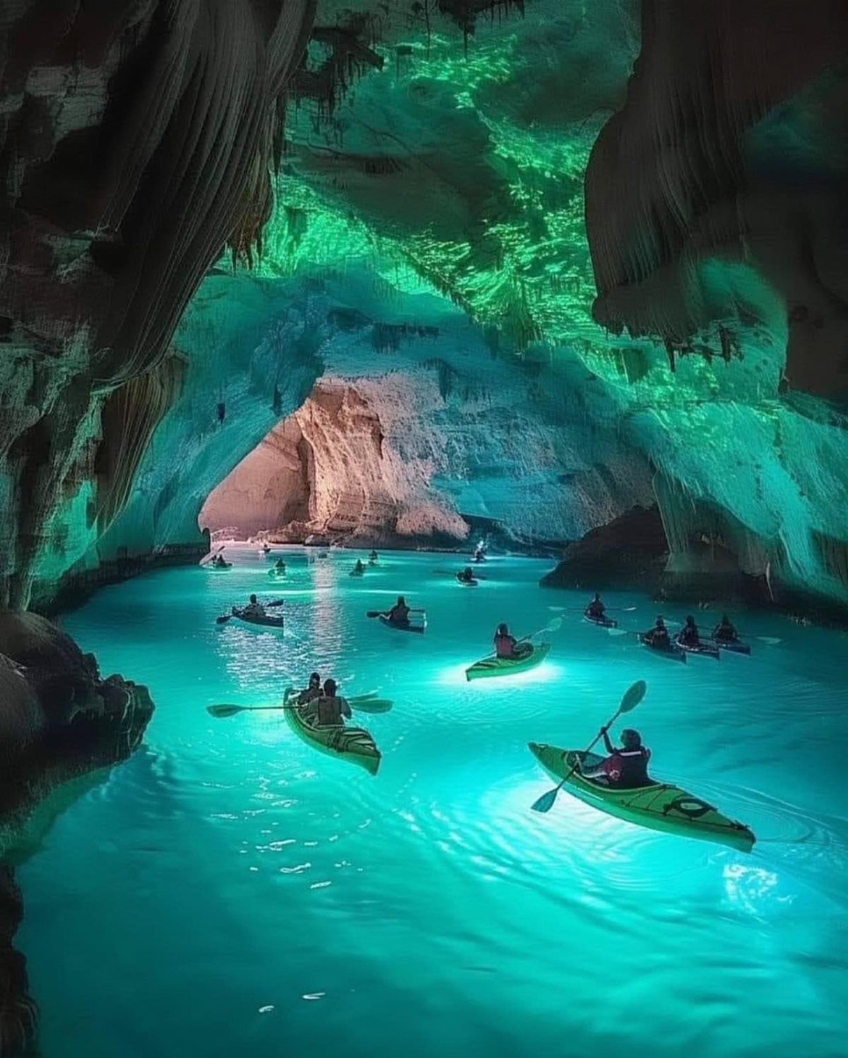 Bucket List Travel Destinations in the USA: 33 Ideas 24 Kayakers paddling through a glowing turquoise underground cave with green illuminated ceilings.